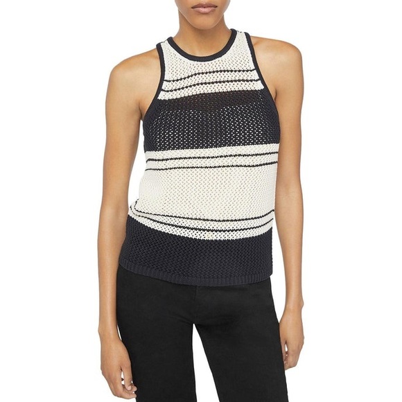 FRAME Tops - NEW FRAME Crochet Open Stitch Knit Navy Cream Stripe Sleeveless Top